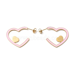 Ion Plating(IP) 304 Stainless Steel Heart Stud Earrings, Pink Enamel Half Hoop Earrings, Golden, 28.5x1.4mm(EJEW-Z028-01G)