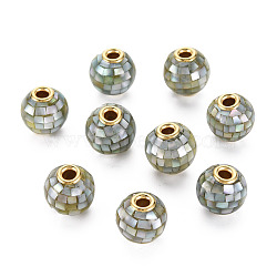 Natural White Shell Mother of Pearl Shell Beads, with Resin & Light Gold Tone Brass Core, Round, Medium Aquamarine, 10~10.5x10~10.5mm, Hole: 2mm(SSHEL-T014-45B)