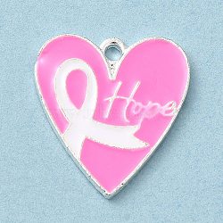 Breast Cancer Pink Awareness Ribbon Theme Alloy Enamel Pendants, Silver, Heart, 20x18x1.5mm, Hole: 1.5mm(ENAM-A147-01A)