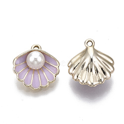 Alloy Pendants, with ABS Plastic Imitation Pearl & Enamel, Shell with Pearl, Light Gold, Plum, 16x15x7mm, Hole: 1.5mm(ENAM-S119-034A-02LG)