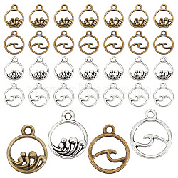 PandaHall Elite 80Pcs 4 Style Alloy Pendants, Flat Round with Wave, Antique Bronze & Antique Silver, 20pcs/style(FIND-PH0003-29)