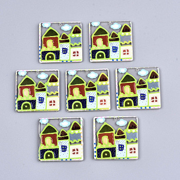 Transparent Acrylic Pendants, 3D Printed, Square with House Pattern, Lime, 31x31x2.5mm, Hole: 1.5mm