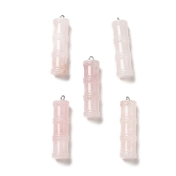 Natural Rose Quartz Pendants, Bamboo Stick Charms, with Stainless Steel Color Tone 304 Stainless Steel Loops, 45x12.5mm, Hole: 2mm