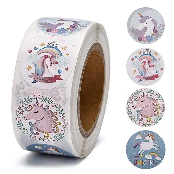 Self-Adhesive Paper Stickers, Gift Tag, for Party, Decorative Presents, Round, Colorful, Unicorn Pattern, 25mm, 500pcs/roll