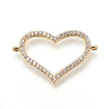 Brass Micro Pave Cubic Zirconia Links, Heart, Clear, Golden, 17.5x28x2mm, Hole: 1mm