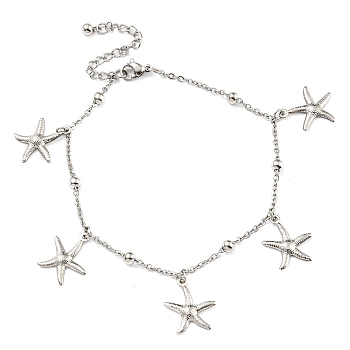 Non-Tarnish Summer Beach 304 Stainless Steel Cable Chain Starfish Charm Bracelets, Stainless Steel Color, 8-1/2 inch(21.5cm)