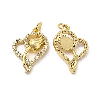 Brass Micro Pave Clear Cubic Zirconia Pendants, with Jump Ring, Heart with Tulip Flower Charm, Real 18K Gold Plated, 22x16x4mm, Hole: 3.5mm