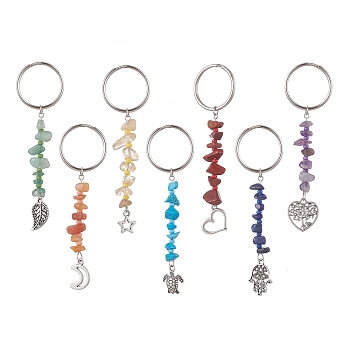 Chakra Gemstone Chip Keychains with Glass Seed Beads, Alloy Leaf & Moon & Star & Heart Charms Keychains, Mixed Shapes, 8.6~9.2cm, 7pcs/set