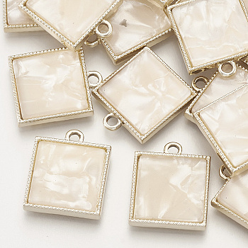 Alloy Pendants, with Acrylic, Square, Golden, Antique White, 19.5x16x3.5mm, Hole: 2mm