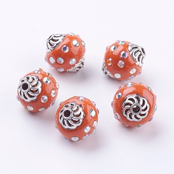 Handmade Indonesia Beads, with Alloy Findings and Acrylic Rhinestone, Oval, Orange, 14x15mm, Hole: 2mm