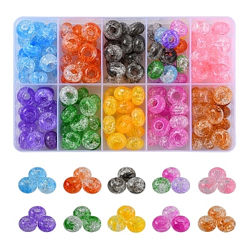 150Pcs 10 Colors Transparent Crackle Acrylic Beads, Large Hole Beads, Rondelle, Mixed Color, 14x8mm, Hole: 5.5mm, 15pcs/color