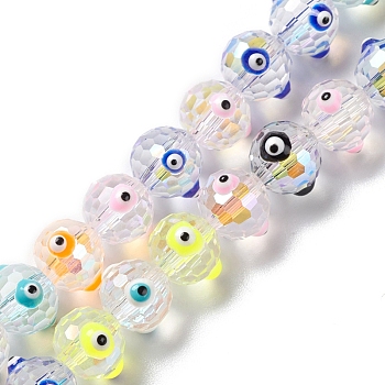 Transparent Evil Eye Glass Beads Strands, with Enamel, Faceted, Round, Mixed Color, 10.5~11x9mm, Hole: 1.6mm, about 40pcs/strand, 13.86''~14.06''(35.2~35.7cm)