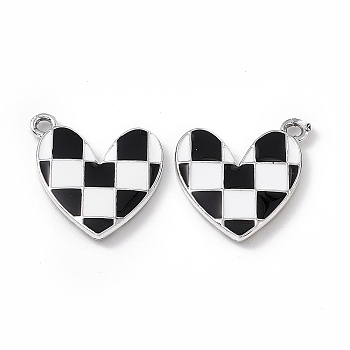 Alloy Enamel Pendants, Platinum, Heart with Tartan Pattern Charm, Black, 20.5x18x2.5mm, Hole: 1.8mm
