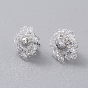 Stud Earrings, with Glass Beads and 304 Stainless Steel Stud Earring Findings, Flower, Clear, 20~21mm, Pin: 0.8mm