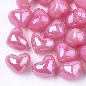 Imitation Jelly Style Acrylic Beads, UV Plating, Half Drilled Beads, Heart, Hot Pink, 14.5x18x13mm, Half Hole: 3.5mm
