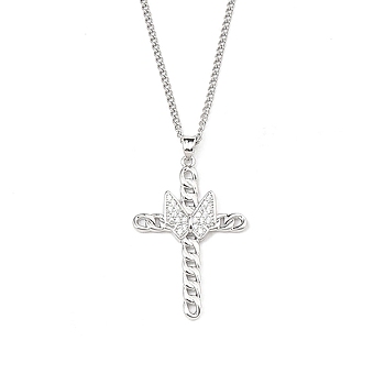 Brass Micro Pave Clear Zirconia Cross Pendant Necklaces, 201 Stainless Steel Chains Necklaces, Stainless Steel Color, 23.62 inch(60cm), Crass: 35.5x25mm