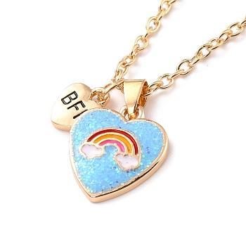 BFF/Best Friends Forever Alloy Pendant Necklaces, Enamel Glitter Powder Heart & Rainbow Necklace, Golden, Deep Sky Blue, 18.18 inch(46.2cm), 1.7mm