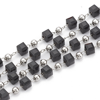 Handmade Glass Beaded Chains, Soldered, with Spool, 304 Stainless Steel Findings and Iron Beads, Cube, Stainless Steel Color, Black, 3mm, about 32.8 Feet(10m)/roll