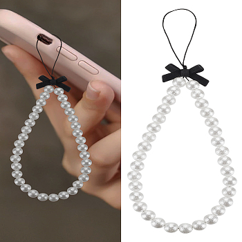 2Pcs Glass Imitation Pearl Mobile Straps, Round with Bowknot, White, 225mm