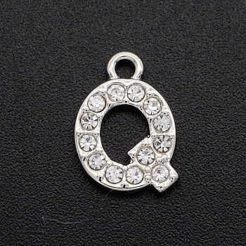 Alloy Rhinestone Charms, Platinum, Crystal, Letter, Letter.Q, 12x10x2mm, Hole: 1.5mm