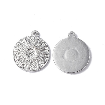 304 Stainless Steel Pendants, Textured, Flat Round with Sun Charm, Stainless Steel Color, 17.5x15x2mm, Hole: 1mm