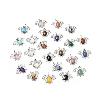 Natural & Synthetic Mixed Gemstone Pendants, with Platinum Tone Brass Findings, Lead Free & Cadmium Free, Bat Charms, Mixed Dyed and Undyed, 32x43x8mm, Hole: 5x8mm