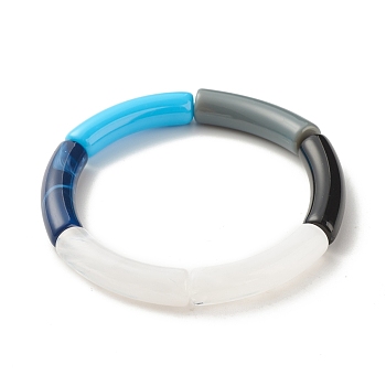 Acrylic Curved Tube Beaded Stretch Bracelet, Chunky Bracelet for Women, Blue, Inner Diameter: 2 inch(5.1cm)