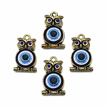 Alloy Pendants, with Resin and Rhinestone, Cadmium Free & Lead Free, Owl, Antique Bronze, 30x18x5.5mm, Hole: 1.8mm