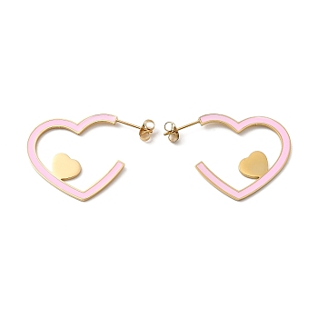 304 Stainless Steel Heart Stud Earrings, Pink Enamel Half Hoop Earrings, Golden, 28.5x1.4mm