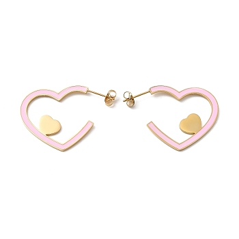 Ion Plating(IP) 304 Stainless Steel Heart Stud Earrings, Pink Enamel Half Hoop Earrings, Golden, 28.5x1.4mm