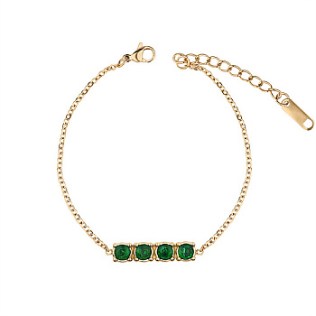Rectangle Cubic Zirconia Link Bracelets, with Golden Stainless Steel Cable Chains, Green, no size