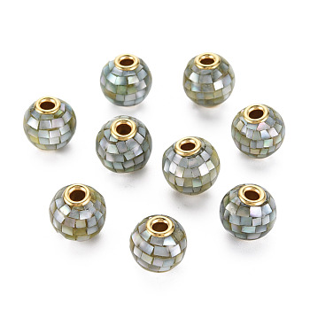 Natural White Shell Mother of Pearl Shell Beads, with Resin & Light Gold Tone Brass Core, Round, Medium Aquamarine, 10~10.5x10~10.5mm, Hole: 2mm
