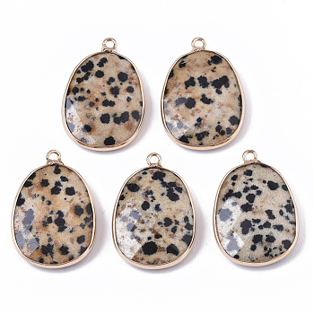 Natural Dalmatian Jasper Pendants, with Golden Plated Edge Brass Findings, Nickel Free, Faceted, Oval, 25~26x17~18x5mm, Hole: 1.4mm