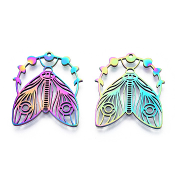 Ion Plating(IP) 304 Stainless Steel Pendants, Laser Cut, Moon Phase with Moth Charm, Rainbow Color, 30x26x1.5mm, Hole: 1.5mm