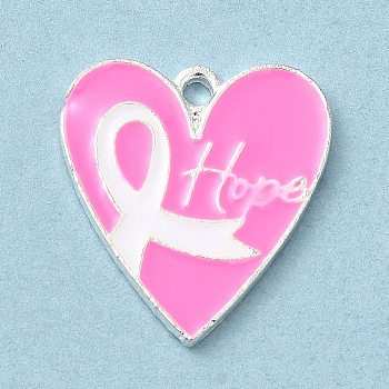 Breast Cancer Pink Awareness Ribbon Theme Alloy Enamel Pendants, Silver, Heart, 20x18x1.5mm, Hole: 1.5mm