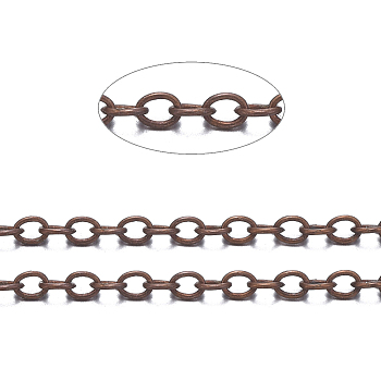 Brass Cable Chains, Soldered, with Spool, Oval, Cadmium Free & Nickel Free & Lead Free, Long-Lasting Plated, Red Copper, 2x1.5x0.35mm