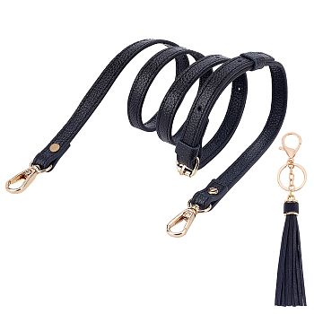 CHGCRAFT Cowhide Leather Cord Bag Handles, with PU Leather Tassel Keychains, Alloy and Iron Clasps, for Bag Straps Replacement Accessories, Black, 18.3~120cm, 1pc/style