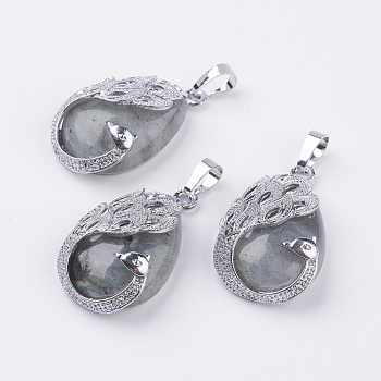Natural Labradorite Pendants, with Brass Finding, Teardrop with Peacock, Platinum, 33x20x10.5mm, Hole: 5x6.5mm