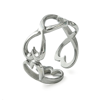 304 Stainless Steel Open Cuff Ring, Hollow Infinity Heart, Stainless Steel Color, US Size 6 1/2(16.9mm)