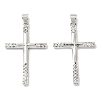 Rack Plating Brass Micro Pave Cubic Zirconia Pendants, Long-Lasting Plated, Lead Free & Cadmium Free, Cross Charms, Religion, Platinum, 35x22x3mm, Hole: 5x3mm