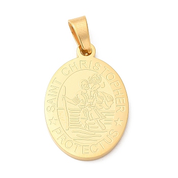 Vacuum Plating 304 Stainless Steel Pendants, Oval with Saint Christopher Charm, Golden, 27x18x2mm, Hole: 7.5x4mm