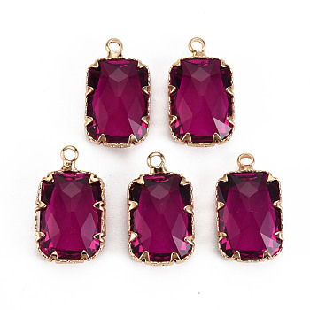 Transparent Glass Pendants, with Brass Prong Settings, Faceted, Rectangle, Light Gold, Medium Violet Red, 19x11x5.5mm, Hole: 1.6mm