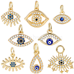 8Pcs 8 Styles Real 18K Gold Plated Brass Micro Pave Cubic Zirconia Pendants, with Jump Ring, Evil Eye Charms, Real 18K Gold Plated, 8.5~16.5x7~15.5x2~3.5mm, Hole: 3~5mm, 1pc/style(KK-BBC0023-65)