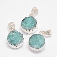 Electroplated Natural & Dyed Druzy Agate Pendants, with Silver Color Plated Brass Findings, Flat Round, Aqua, 18.5~21x14x8~10mm, Hole: 7.5x5mm(G-N0167-018A)