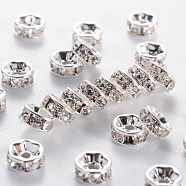 Brass Grade A Rhinestone Spacer Beads, Silver Color Plated, Nickel Free, Crystal, 7x3.2mm, Hole: 1.2mm(RSB037NF-01)