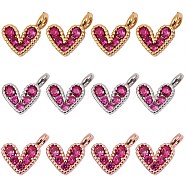 12Pcs 3 Colors Brass Micro Pave Cubic Zirconia Charms, Long-Lasting Plated, Lead Free & Nickel Free & Cadmium Free, Heart, Hot Pink, Mixed Color, 9.5x6.5x2mm, Hole: 1mm, 4pcs/color(ZIRC-SZ0001-58)
