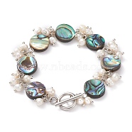 Flat Round Natural Abalone Shell/Paua Shell Beaded Bracelets, with Natural Pearl Beads and 304 Stainless Steel Toggle Clasps, Colorful, 7-1/2 inch(19cm)(BJEW-JB05776-04)