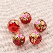 Flower Picture Printed Glass Round Beads, Red, 10mm, Hole: 1mm(GLAA-J087-10mm-A05)