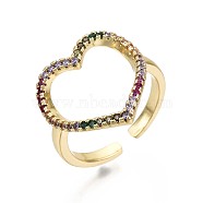 Brass Micro Pave Cubic Zirconia Cuff Rings, Open Heart Rings, Nickel Free, Colorful, Real 16K Gold Plated, Inner Diameter: 17mm(RJEW-S044-104-NF)