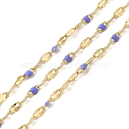 Ion Plating(IP) 304 Stainless Steel Dapped Chains, Enamel Style, Real 18K Gold Plated, Soldered, with Spool, Polished, Marine Blue, 4x2x0.3mm, about 32.81 Feet(10m)/Roll(STAS-P368-02G-08)